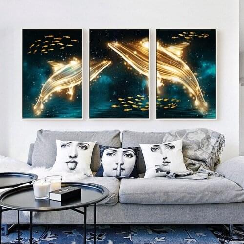 Nordic Canvas Poster Abstract Painting Swim Fish Golden Dolphin Art Print Wall Art Pictures For Modern Living Room Decoration