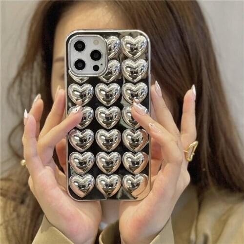 Luxury 3D Silver Love Heart Soft Phone Case For iphone 12 Pro Max Silicone Back Cover For iphone 11 11Pro 7 8 Plus X XR XS Max