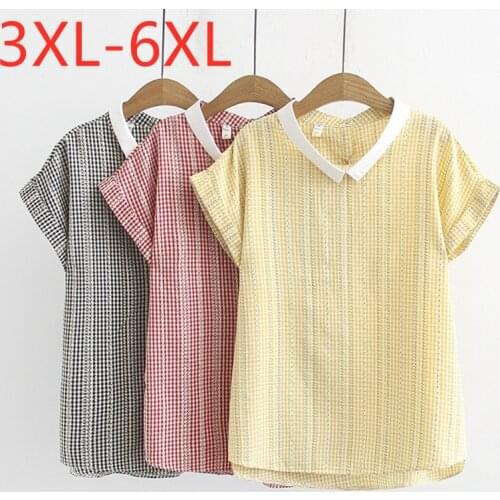 New 2021 Ladies Summer Plus Size Tops For Women Large Blouse Short Sleeve Loose Casual Yellow Cotton Plaid Shirt 3XL 4XL 5XL 6XL