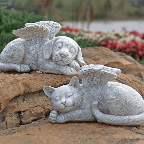 Pet Dog/Cat Memorial Statue Indoor Outdoor Home Garden Puppy/Kitty with Angel Figurine Resin Sculpture
