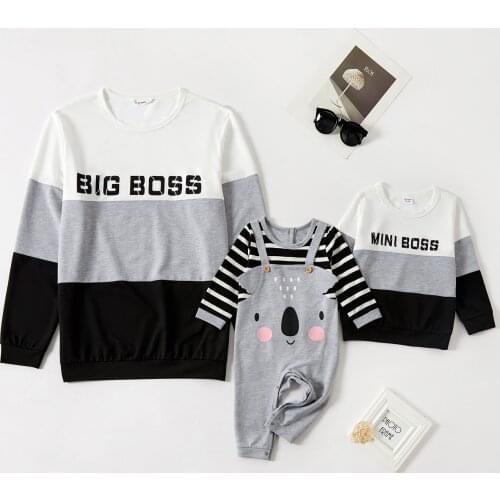 PatPat Colorblock Letter Print Long-sleeve Sweatshirts and Cartoon Jumpsuit for Dad and Me