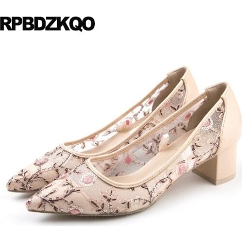 Pointed toe embroidered ladies thick nude chunky ribbon cross strap pumps tie up ivory shoes wedding lace flower high quality