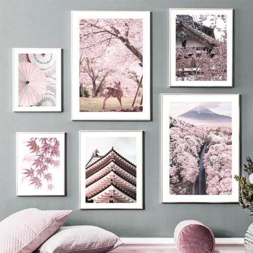 Japan Sakura Fuji Mountain Deer Building Wall Art Canvas Painting Nordic Posters And Prints Wall Pictures For Living Room Decor