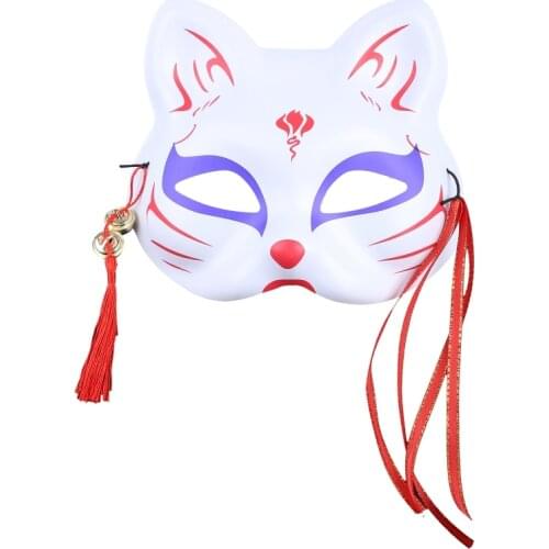 Japanese Animal Cat Half Face Mask with Tassels Small Bells Hand-Painted Cosplay Anime Masquerade Party Dress Up
