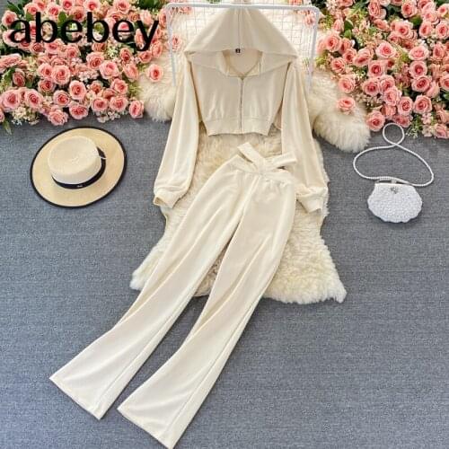 2021 New Spring Autumn Korean hooded collar long sleeve short zipper Top + high waist casual wide leg Pants two-piece set