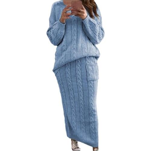 Hot Two-piece Suit Women Autumn Winter Long Sleeve Jumpers Sweater Skirt Set Warm Knitted Outfit Female Sweater Dress