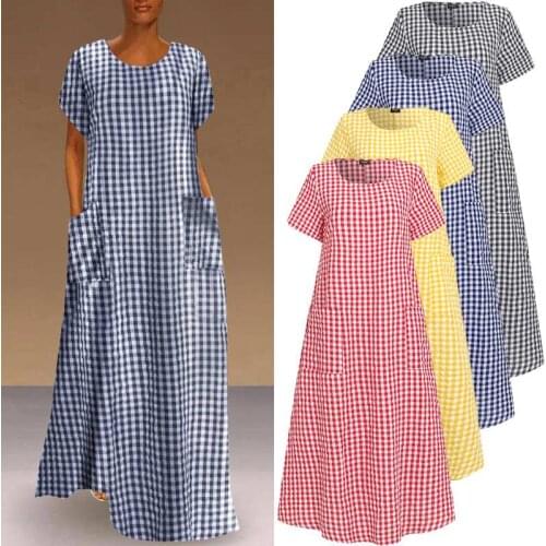 Women Dress Vintage Bohemian Maxi Long Dress Loose Sundress Plaid Printed Sundress VONDA Casual Robe Femme Vestido