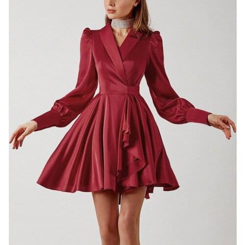 2021 Summer Women Pleated Mini Dress Elegant Solid Long Sleeve Party Dress Atutmn Sexy V Neck Button Office Lady Dress Vestidos