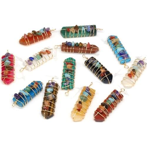 7 Chakras Natural Stone Pendants Yellow Jade Turquoise Pillar Charms for Jewelry Making Women Reiki Heal Necklace Gifts