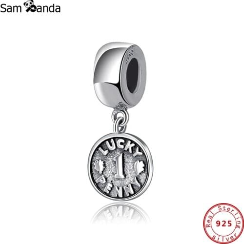 Authentic 100% 925 Sterling Silver Bead Charm Lucky Penny Coin Dangle Pendant Charms Fit Bracelets Women Diy Jewelry