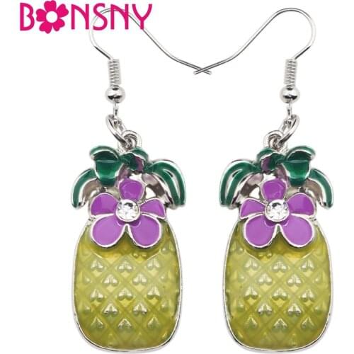 Bonsny Enamel Alloy Lovely Tropic Flower Pineapple Earrings Dangle Drop Big Long Fashion Fruit Jewelry For Girls Women Ladies