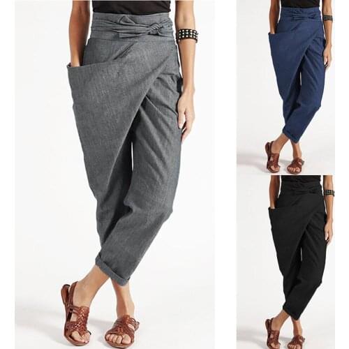 Harem Pants Plus Size S-5XL Womens Casual брюки Loose High Waisted Lace Up Strap Solid One Side Pocket Trousers Comfort Pants