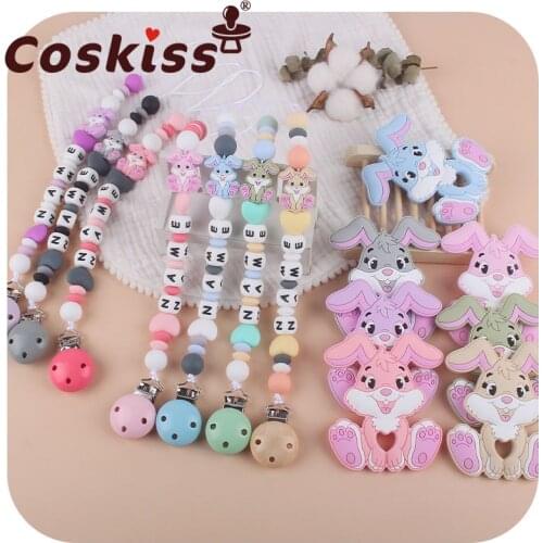 Coskiss Personalised Baby Pacifier Clip Chain Rabbit Silicone Pendant Teether Beads Holder For Infant Nipple Teething Toys Baby