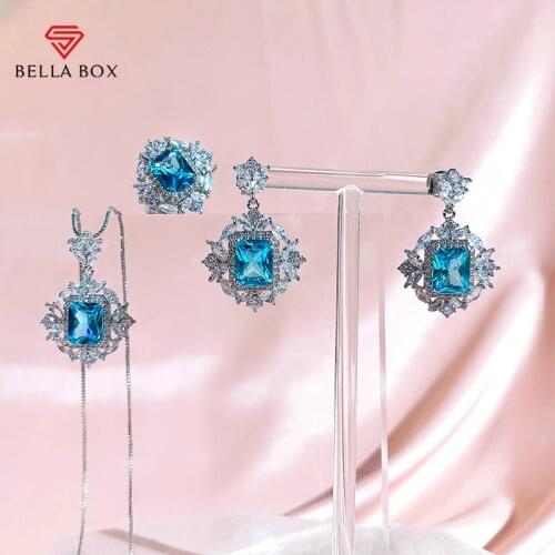 Bella Box Blue Topaz Jewelry Set For Women 925 Sterling Silver 8*10mm Earrings Rings Necklace Rectangle Anniversary Fine Jewelry