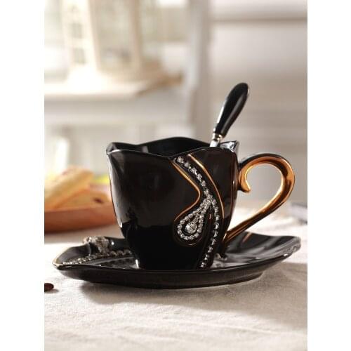 Creative simple European style diamond ceramic coffee cup and saucer set luxury classic couple afternoon tea milk tea cup