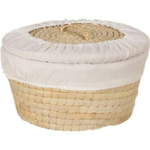 Rustic Woven Faux Rattan Round Basket with Lid Liner Egg Bread Wicker Serving Container Bins Household Kitchen Organizer