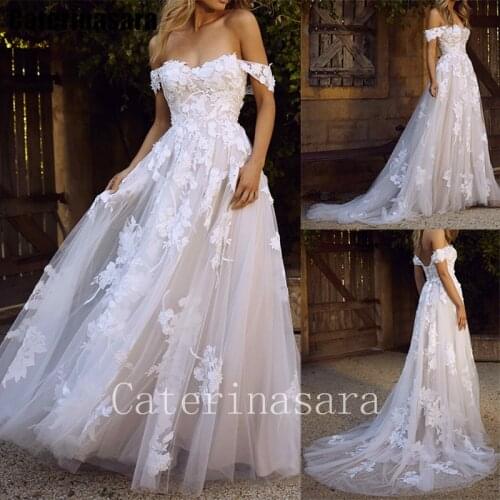 Lace Applique Off-the-shoulder Lace-up Back Wedding Dress A-line Bridal Gown Custom Made