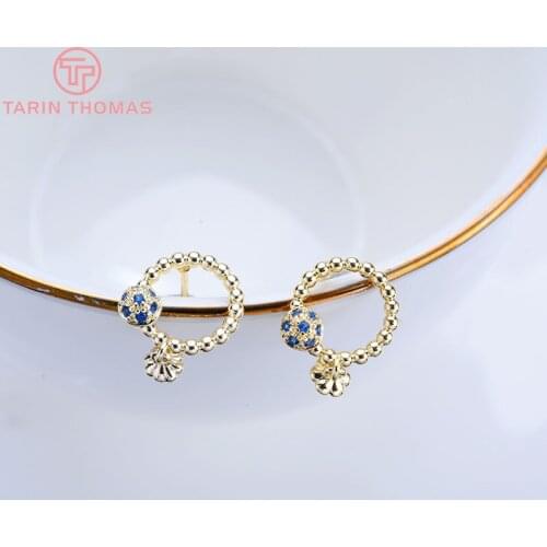 4PCS 10x15MM 24K Gold Color Plated Brass with Zircon Round with Half Pin Stud Earrings High Quality DIY Jewelry Making Findings