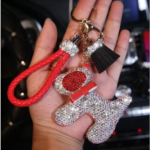 Fashion Diamond Crystal Cartoon Dog Keychain Knit Leather Key Chain Key Rings Charm Bag Auto Pendant Women Girl Keyring Gift
