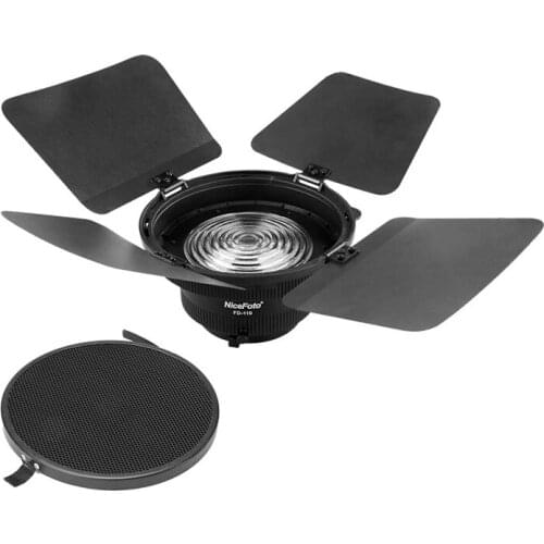 NiceFoto FD-110 Fresnel Mount Light Focusing Adapter with Lights Honeycomb Grids Barn Doors for Bowens Mount LED Video Light