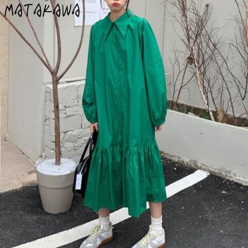 Matakawa Autumn Dresses for Women Net Color Turn Down Color Long Sleeve Hen Ruffles Vestidos Solid Fashion Shirts Woman Dress