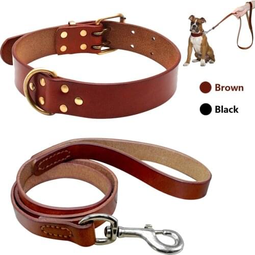 Real Leather Pet Dog Collar Leash Set For Medium Large Dog Breed Genuine Leather Collar For Pitbull Boxer Bulldog S M L