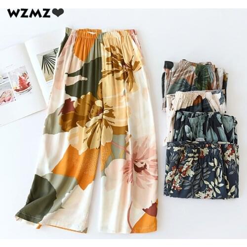 Woman Pajama Wide Leg Pants Summer Spring Soft Printed Sleep Wear Bottoms Viscose Home Clothes Female Calf-Length Thin PJ Pants