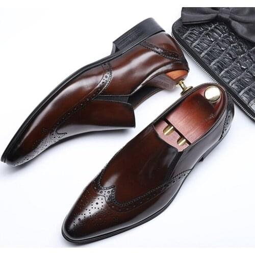 PJCMG Spring/Autumn Mens Genuine Leather Pointed Toe Slip-On Black/Brown Carved Business Office Wedding For Men Flats Shoes