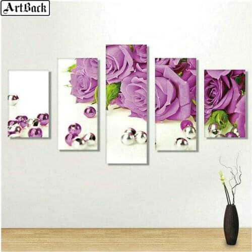 Five Spell Flowers Diamond Painting Purple Rose Cross Embroidered Square 3d Resin Rhinestone Mosaic Sewing Art Deco