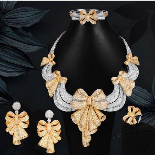 KellyBola Deluxe Bowknot Cubic Zirconia Nigeria For Women Necklace Earrings Bracelet Rings Jewelry Set Bijoux Africains Dubai