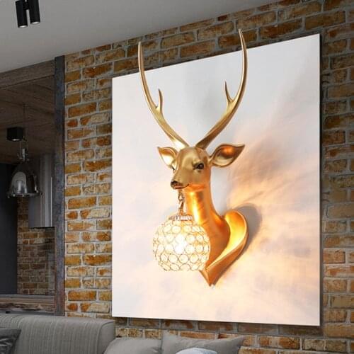 Modern Crystal Wall Lamp American Resin Deer head Wall Lamps For Living Room Bedroom Nordic Home Decor E27 Wall Light Fixtures