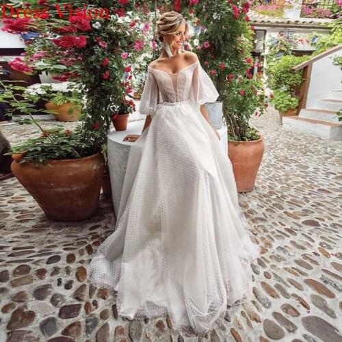 Boho Ivory Wedding Dress V-neck Vestido De Noiva Tulle Puffy Sleeves Wedding Dress Robe De Soiree Bride To Be Robe De Mariée