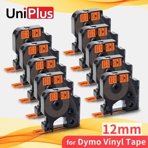 UniPlus 10PK Compatible Dymo Vinyl Rhino Label Tape 12mm*5.5m Black on Orange 18435 for Dymo Rhino 6000 5200 5000 4200 Labeller