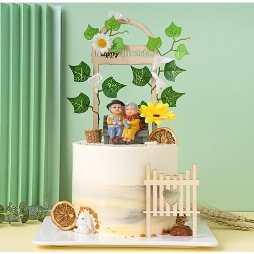 Cake Topper Creative Baking Decoration Vinyl Bench Old Man Old Lady Cake Decoration Birthday Grandpa Grandma Room Dress Up Table