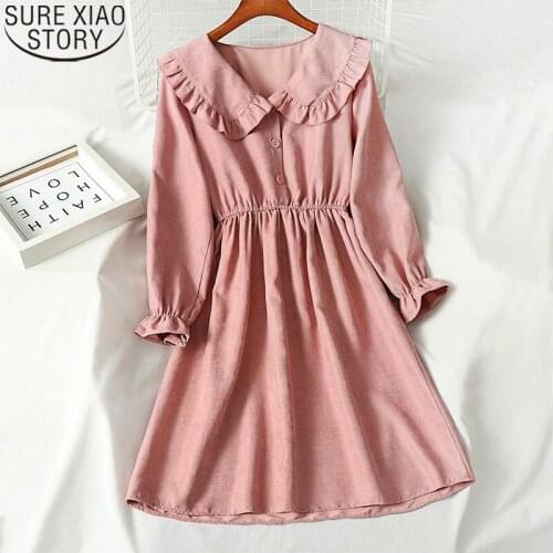 Vintage Corduroy Pink Mini Dress 2021 New Autumn Long Sleeve Women Ruffles Party Button Dresses for Women Casual Vestidos 12014