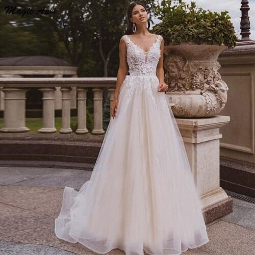 Magic Awn New Boho Wedding Dresses Pricness V-Neck Appliques Illusion Beach Country A-Line Wedding Party Dress Customized Robes