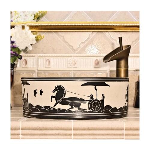 Oriental Art hand carved ceramic porcelain wash basin bathroom sink