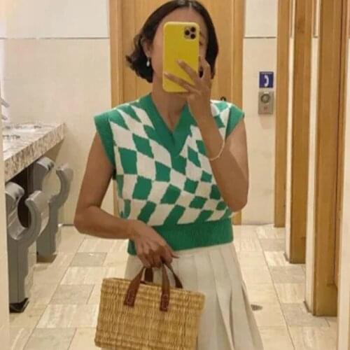 Foridol Agryle Knitted Vintage Sweater Vest Women V Neck Green Sleeveless Waistcoat Casual New Women Clothes Autumn Winter