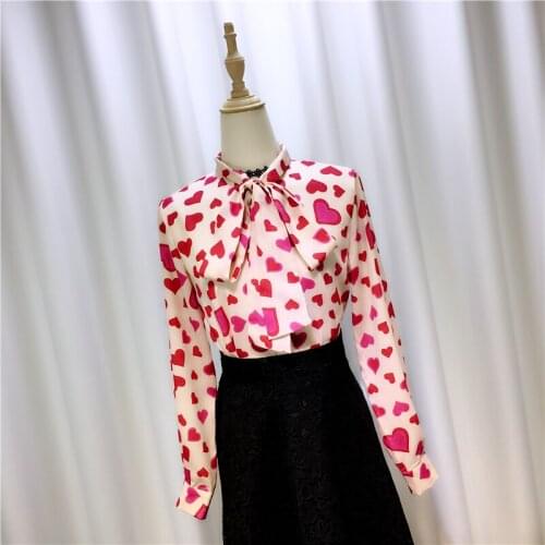 Sweet Heart Chiffon Women Blouse Spring New 2021 Bow Neck Long-Sleeved Slim Office Lady Elegant Outwear Tops