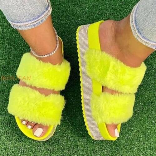 Women Fur Slippers Rhinestone Platform Flat Heel Thick Sole Candy Colors Crystal Summer Slides Sandals Ladies Shoes big size