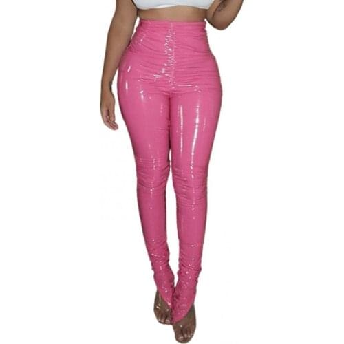Women Faux Leather Solid Color Stackable Pants Tights Skinny Side Split Trousers