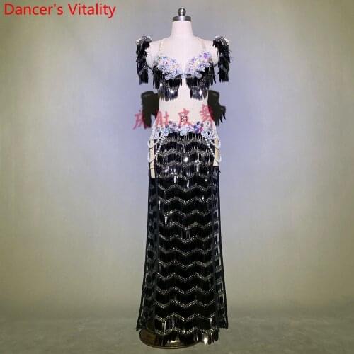 Women Belly Dance Competition Outfits Customized Bra Sequin Tassel Skirt Belt Oriental Indian Drum Dancing Performance Costume
