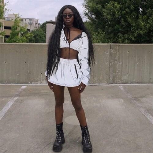 2021 Womens Hooded Open Navel Short Long Sleeve Coat Elastic Waist Skirt Suit