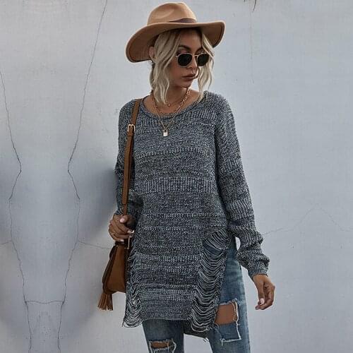 Gray Goth Women Sweater 2021 Winter Lady Pullover Hole Hollow Out Cool Long Sweaters Split Irregular Length Gothic Knitted Top