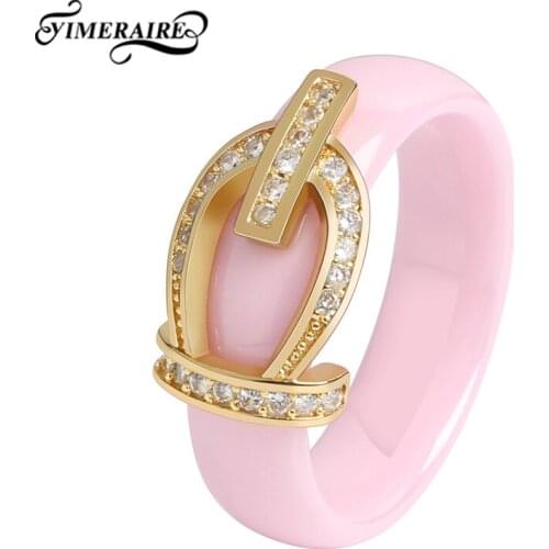 Gold Metal Pink Ceramic Women Ring With Shining Crystal Ring Never Fade Healthy Trendy Jewelry Finger Ring For Girls Party Gifts