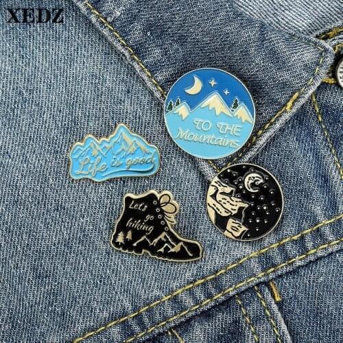 Lets skate! Snow mountain landscape metal pin round starry sky moon badge black button pin classic punk jewelry gift for friend