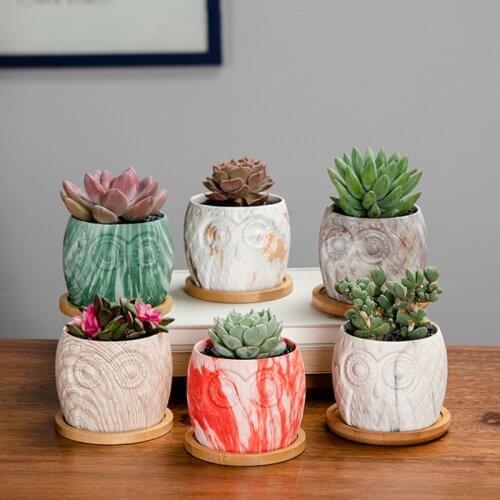 Home Garden Nordic Cute Owl Marbled Ceramic Fleshy Flower Pot Handmade Thumb Flower Pot Ornaments Balcony Green Planting