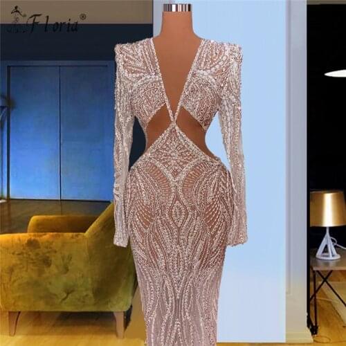 Elegant Ceremony Long Party Dresses Deep V Neck Lace Beading Prom Gowns Mermaid Evening Dress 2021 Lady Robe De Soire