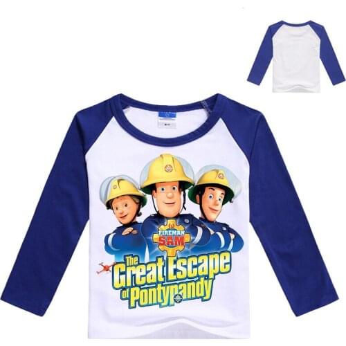 New Spring Boys Long Sleeved T Shirts Girls Fireman Sam Print Cotton Cartoon Clothes Infantis Menino Roupas Kid Costume Tops Tee