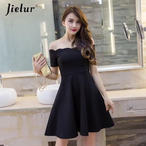 Jielur Slash Neck Black Cotton Dress Women Elegant Off Shoulder Slim A-line Summer Solid Fashion Party Ruffles Dresses Vestidos